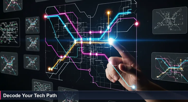 A hand traces a highlighted route on a detailed San Francisco transit map, with icons marking free tech training locations at libraries and community centers.