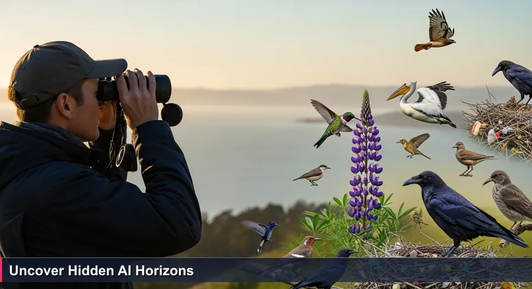 A birder on a San Francisco hillside using binoculars to focus on a distant hawk, with diverse birds in the foreground symbolizing thriving AI opportunities across multiple industries.