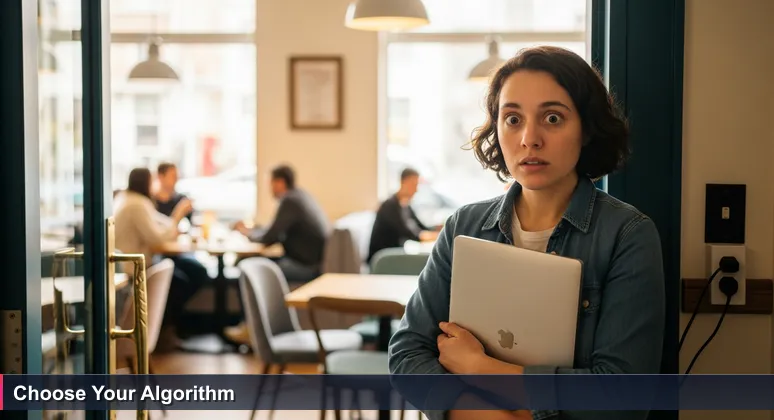 A tech professional in a San Francisco café holding a laptop and scanning the room, symbolizing the choice of a coworking space for optimal productivity and networking in 2026.