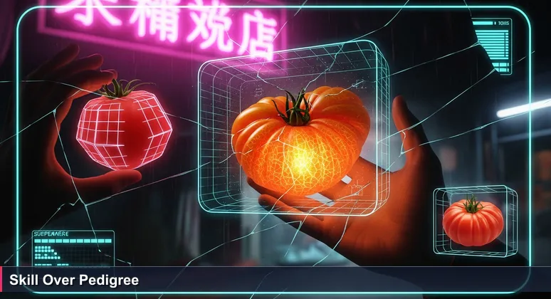 Two hands at a San Francisco farmers market: one holds a perfect tomato with a USDA Organic sticker, the other a vibrant heirloom tomato, symbolizing the choice between formal education and practical skills in tech hiring.