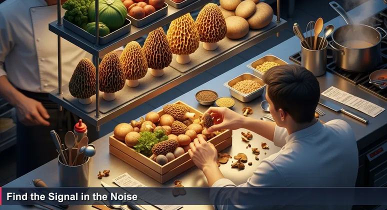 A chef's hands selecting a wild mushroom from a chaotic kitchen counter, symbolizing the search for valuable junior developer roles in San Francisco's 2026 startup ecosystem.