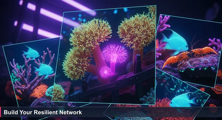 A vibrant coral reef ecosystem symbolizing the interconnected network of women in tech groups in San Francisco, with diverse marine life and sunlight filtering through water.