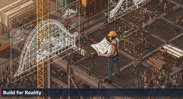 An AI engineer depicted as a Disney Imagineer in a hard hat on a platform, holding blueprints and observing a lively construction site crowd in Orlando.