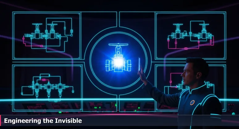 A focused engineer backstage at an Orlando theme park, studying intricate blueprints with AI circuit overlays, representing hidden AI innovation.