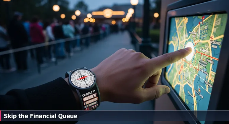 A hand with a theme park wristband tapping a glowing sensor at an express entrance, with a blurred crowd waiting in line in the background.