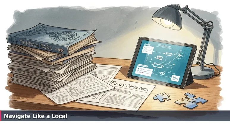 A confused family at an Orlando theme park map kiosk, with a local behind them using a smartphone to view real-time navigation data, symbolizing strategic insight for AI career planning