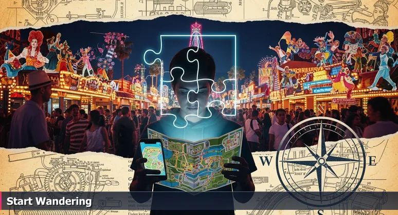 A person in a bustling Orlando theme park crowd, staring at a phone screen with a park map, oblivious to the vibrant social interactions around them.