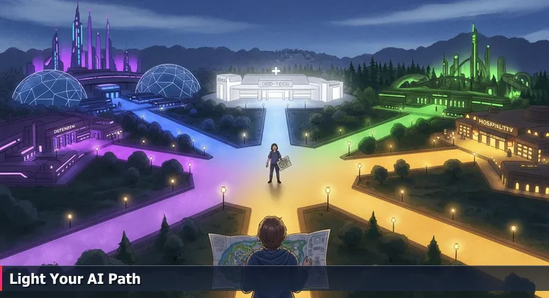 A person at a dusk theme park crossroads, facing five colored pathways symbolizing AI career paths in Orlando, from tech to healthcare and defense.