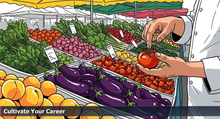 A chef's hands examining a ripe tomato at a bustling Orlando farmer's market, symbolizing career discernment in tech opportunities.