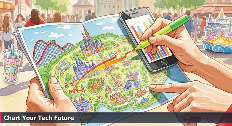 A person's hands holding a detailed Orlando theme park map and a smartphone, highlighting paths to symbolize strategic AI bootcamp selection.
