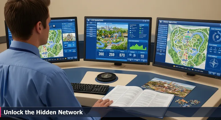 A Disney World ride operator monitoring a control panel with multiple screens showing ride operations, guest data, and a cybersecurity network diagram, symbolizing the interconnected job market in Orlando.