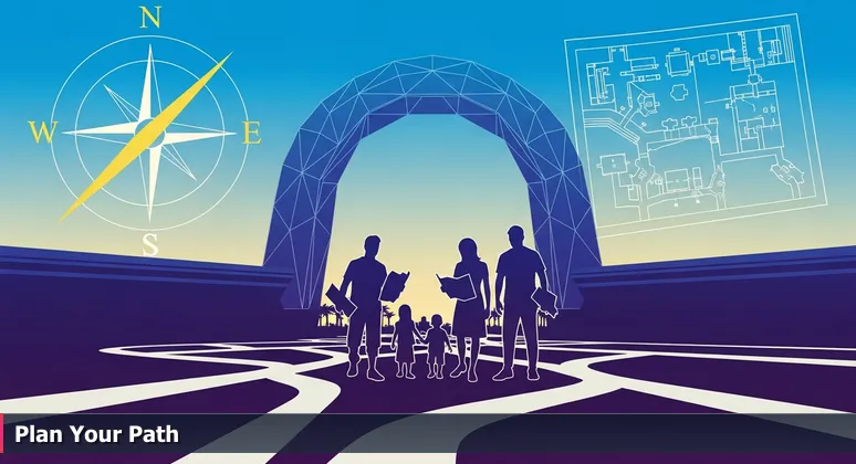 A diverse family at a theme park entrance, holding colorful maps and looking overwhelmed with multiple paths ahead, symbolizing strategic planning for moving to Orlando for tech careers in 2026.