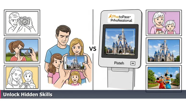 A family at Disney's Cinderella Castle with a smartphone, next to a PhotoPass kiosk displaying a professional photograph