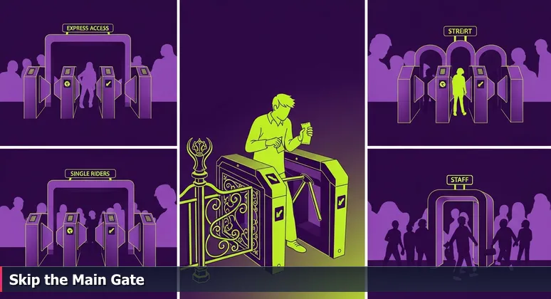 A frustrated person at an Orlando theme park turnstile with a paper ticket, while alternative gates labeled for tech careers like Cloud Support and Cybersecurity are open behind them.