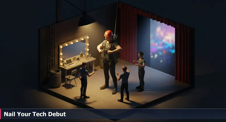 A junior stunt performer backstage at Universal Orlando, adjusting a safety harness with guidance from experienced team members, symbolizing mentorship in tech startups.