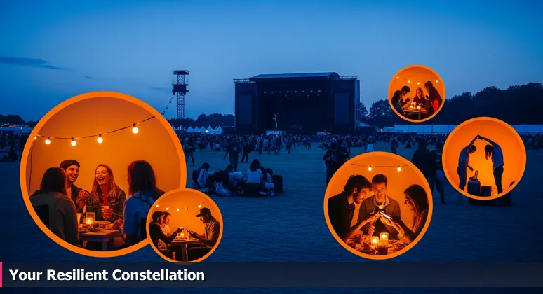 Illustration of a festival aftermath with small, vibrant circles of diverse women connecting under string lights, symbolizing Orlando's grassroots women-in-tech communities in 2026.