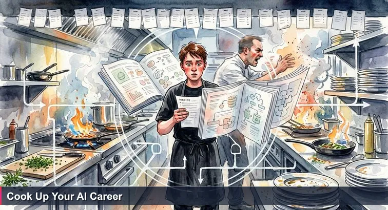 A cramped Berlin restaurant kitchen at peak service: sizzling pans, stainless steel counters, stacked order tickets above the pass, and a young cook clutching a recipe sheet.