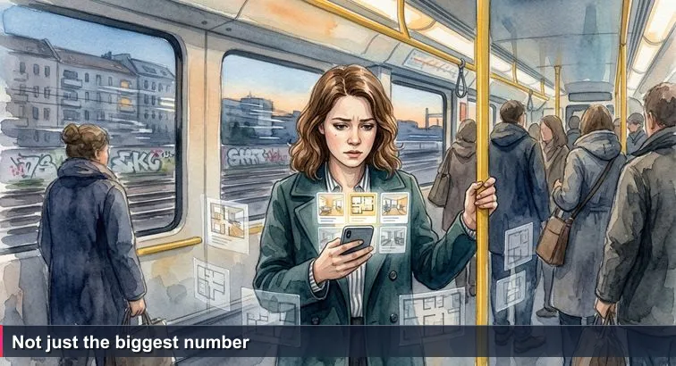 Young professional standing in a crowded Berlin S-Bahn at dusk, holding a phone showing tiny apartment listings; blurred Altbau façades pass outside the window.