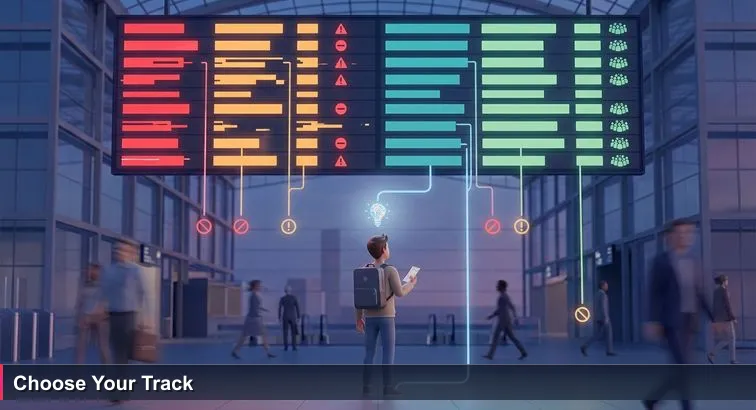 Berlin Hauptbahnhof departure board at dusk showing some lines ‘Cancelled’ or ‘Delayed’ and others ‘On time’; a young person with a laptop backpack looks up, holding a ticket.