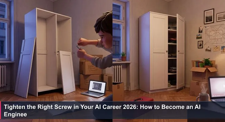 A half-built IKEA wardrobe in a small Berlin Altbau room at dusk: instruction manual open, scattered screws and an Allen key, moving boxes, a paused assembly video on a laptop and a crooked wardrobe.