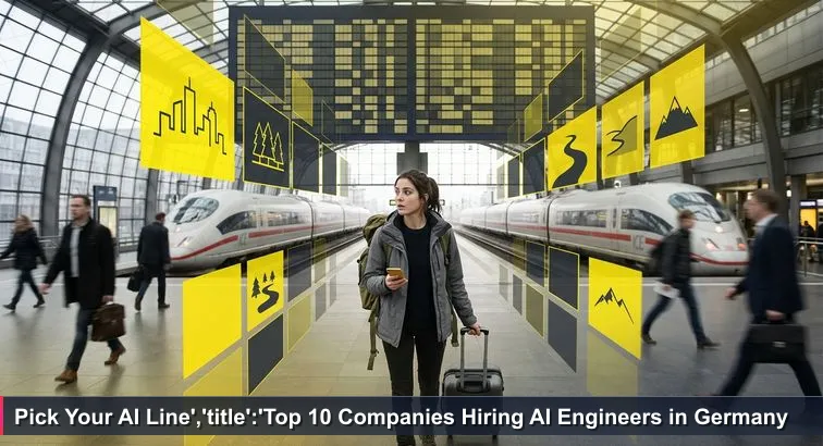 A young engineer stands under Berlin Hauptbahnhof’s yellow-black departure board, suitcase in hand, phone open to a “Top 10 AI companies” article, commuters rushing by.