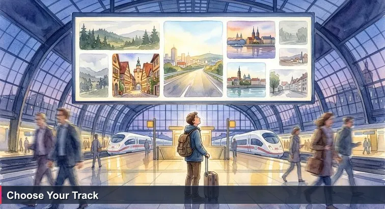 A young person with a backpack and small suitcase stands under the illuminated departures board at Berlin Hauptbahnhof at dusk, trains and commuters blurred around them.