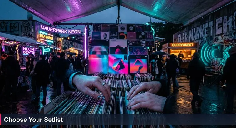A vinyl crate at Berlin’s Mauerpark with a handwritten ‘Top 10 Tracks for Tonight’ card, hands flipping records, and a busy flea market crowd in the background.