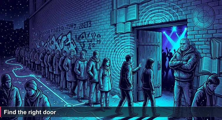 Nighttime Berlin club queue in winter with a stern bouncer at a half-open door and strobe-lit interior, a metaphor for Germany’s cybersecurity hiring bottleneck.