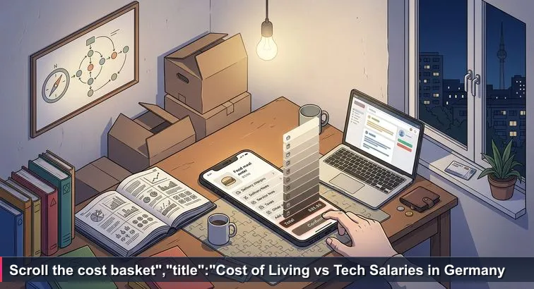 Overhead night view of a small Berlin kitchen with moving boxes, a smartphone showing a food-delivery total rising above €25 and a laptop open to a €65,000 job offer email.