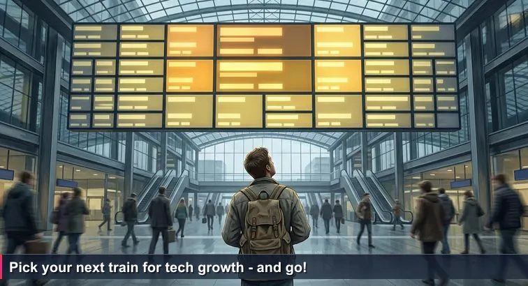A lone commuter with a backpack beneath the large yellow departure board at Berlin Hauptbahnhof, looking up at destinations while commuters hurry past.