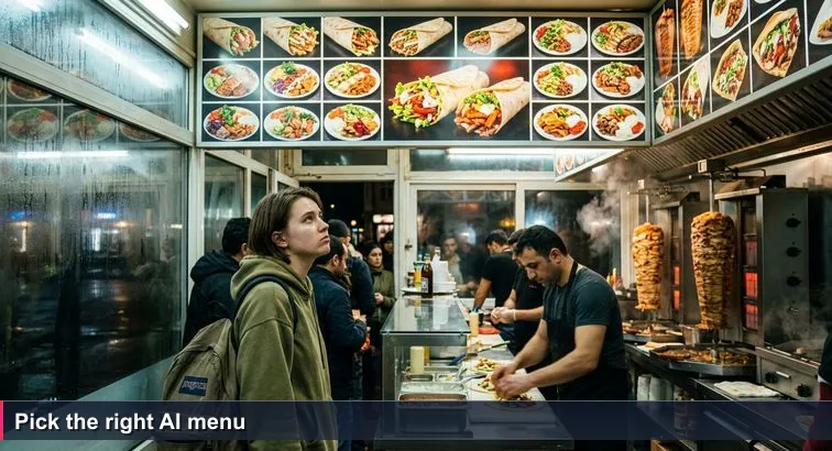 Late-night Berlin döner shop interior with glowing “Top 10 Menüs” board, a tired software student in a hoodie looking up at the menu, and a cook assembling diverse wraps.