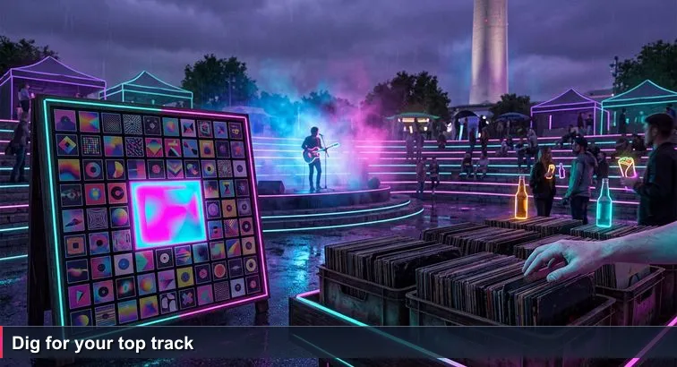 Sunday at Mauerpark flea market: a wooden record stall with a ‘Top 10 Hits’ wall and messy crates of unlabelled vinyl, busker and park crowd in the background.