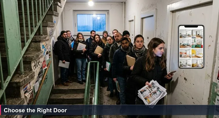 Dim Berlin stairwell at night with peeling walls and flyers, a tense queue of people holding application folders and a crumpled ‘Top 10’ printout, rainy light seeping in.
