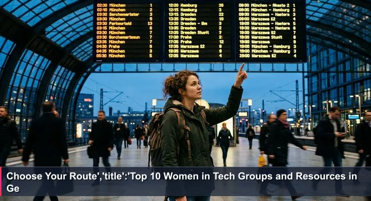Young woman with a backpack standing in Berlin Hauptbahnhof at dusk, looking up at the large yellow departures board as crowds move around her.