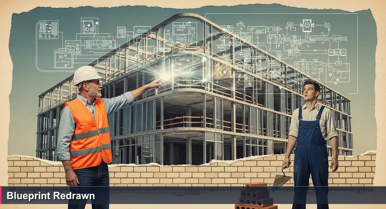 A construction site manager in high-vis vest holds a digital blueprint, pointing to a smart building, while an apprentice holds traditional bricks, symbolizing the shift to AI careers in Ireland.