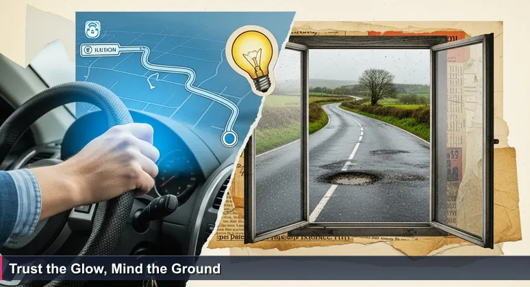 A driver's hand on a steering wheel, with a car's navigation screen displaying a smooth blue route, while outside, a rain-slicked Irish country road shows a pothole, symbolizing career prospects versus real-world conditions.