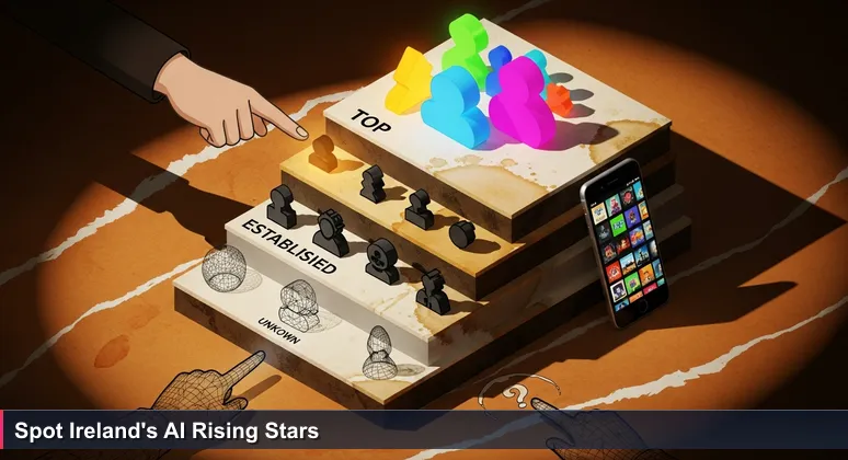 A weathered music festival poster on a pub wall in Galway, with hands pointing to circled AI startup names, symbolizing the anticipation of ranking Ireland's top tech innovators for 2026.