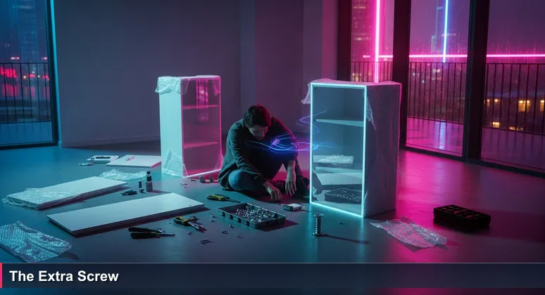 A person in Dublin's Docklands apartment holding an extra screw with a wobbly flat-pack bookcase, symbolizing AI engineering challenges in Ireland.