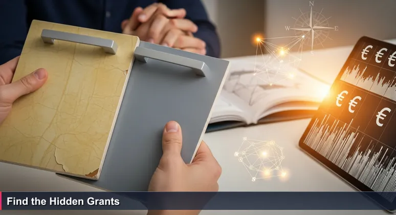 Hands holding contrasting kitchen cabinet samples, one old and one modern, with a tablet showing expensive renovation quotes, symbolizing the cost of tech training in Ireland