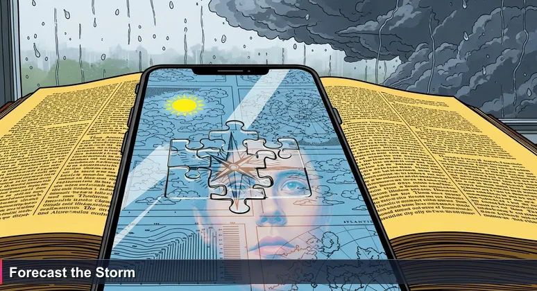 Smartphone in Dublin shows weather app prediction '14°C, cloudy' with dark clouds reflected, symbolizing overlooked complexities in AI salary forecasts for Ireland's tech market.