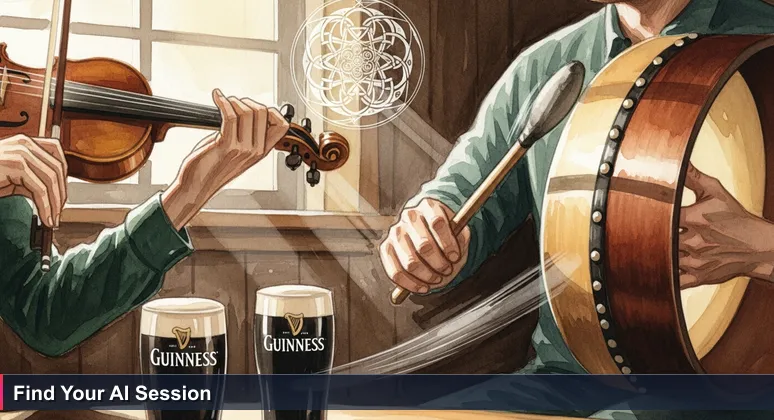 Close-up of fiddle and bodhrán players in a traditional Irish pub, symbolizing collaborative AI networking events and communities in Ireland for 2026.