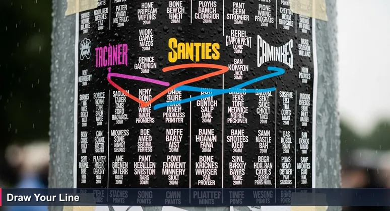 A festival lineup poster with a drawn line connecting acts, symbolizing personalized career navigation for tech jobs in Ireland.