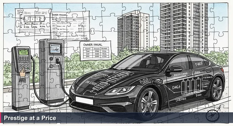 A luxury electric car at a Dublin charging station, with a high price on the screen and modern apartments reflected, symbolizing the high cost of tech success.