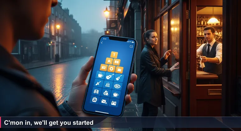 A person on a rainy Dublin street looking from a phone to a warmly lit pub window with a bartender gesturing invitation, symbolizing free tech training access.