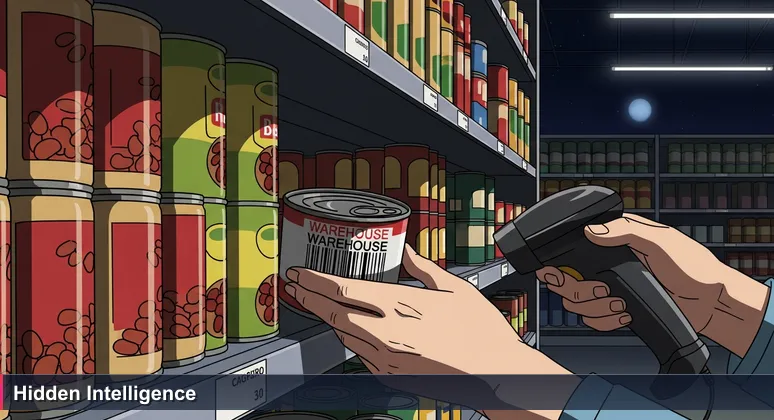Close-up of hands placing a can of beans on a supermarket shelf at night, with a barcode label and handheld scanner visible.