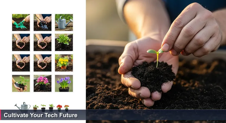 A gardener's hands planting a seedling in soil, symbolizing the start of a tech venture in Ireland's coworking spaces.