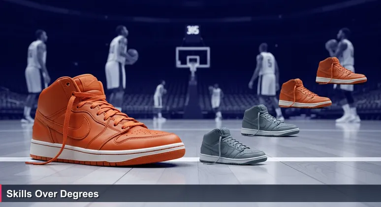 Worn sneakers on a polished basketball court, symbolizing practical skills for tech jobs without degrees in Ireland.