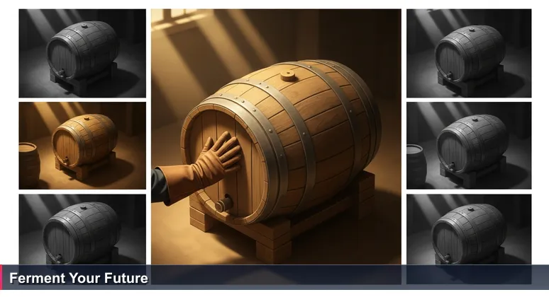 A distiller's gloved hand tapping an oak whiskey cask in a dim warehouse, symbolizing patient investment in junior developer talent in Ireland.