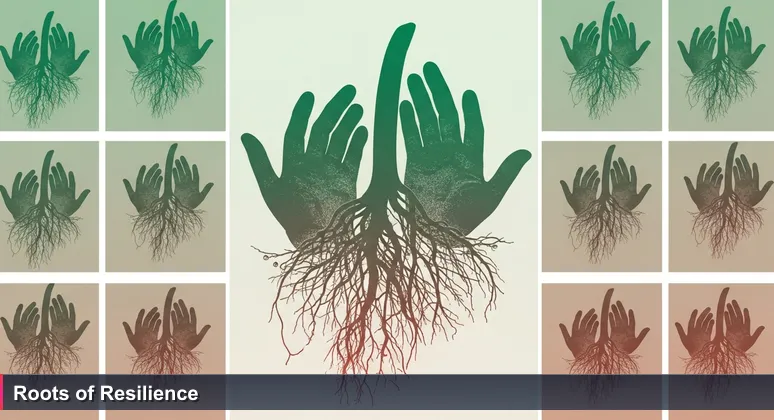 Weathered hands holding soil with intertwined plant roots in a vegetable garden, symbolizing the interconnected support network for women in tech across Ireland.