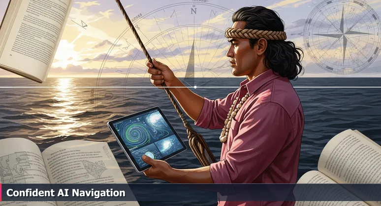 A traditional Polynesian navigator at sunrise, blending ancient wayfinding with modern AI technology on a tablet, symbolizing the integrative skills needed for AI careers in Honolulu.